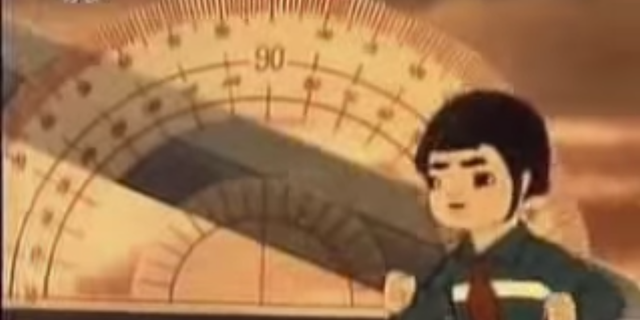 The show appears educational, showing the animated characters using a protractor to measure the angle to fire a missile.