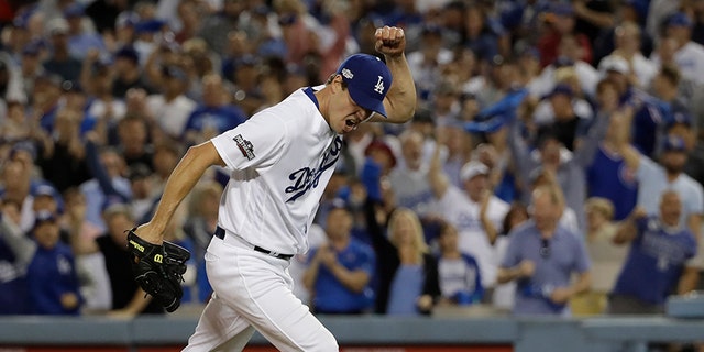 Oct. 18, 2016: Los Angeles Dodgers starting pitcher Rich Hill reacts after striking out Chicago Cubs' Anthony Rizzo during the sixth inning of Game 3 of the National League baseball championship series in Los Angeles