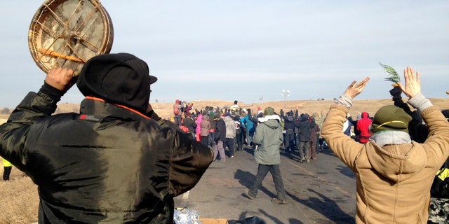 Protesters against the Dakota Access Pipeline are seen near Cannon Ball, N.D.