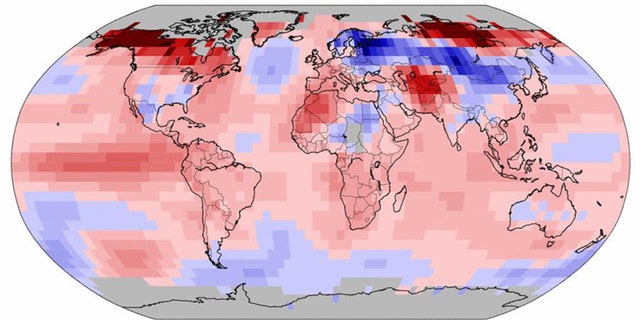 This image provided by The National Oceanic and Atmospheric Administration (NOAA) shows a map worldwide temperatures for the month of January, 2016. Earths string of hottest months on record extends to nine straight with last month notching the hottest January. But NASA said January was even more unusual, breaking the record for having the most above normal temperature for any month. (The National Oceanic and Atmospheric Administration via AP)