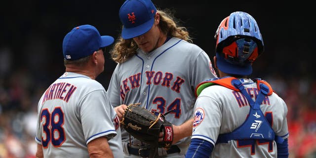 WASHINGTON, DC - APRIL 30: Starting pitcher Noah Syndergaard #34 of the New York Mets talks to coach Dan Warthen #38 and catcher Rene Rivera #44 in the first inning against the Washington Nationals at Nationals Park on April 30, 2017 in Washington, DC. (Photo by Patrick Smith/Getty Images)