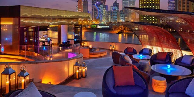 The expansive rooftop of Nobu Doha affords great city views in a luxurious setting.