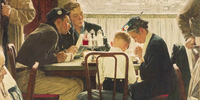 This undated file photo provided by Sotheby's shows the popular Norman Rockwell masterpiece "Saying Grace," which is heading for the auction block. It is among seven works by The Saturday Evening Post illustrator going on sale at Sotheby's in New York on Dec. 4.