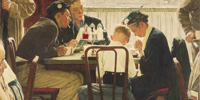 This undated file photo provided by Sotheby's shows the popular Norman Rockwell masterpiece "Saying Grace," which is heading for the auction block. It is among seven works by The Saturday Evening Post illustrator going on sale at Sotheby's in New York on Dec. 4.