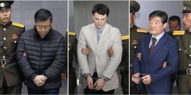 FILE - In this combination of file photos, from left, Canadian pastor Hyeon Soo Lim, American tourist Otto Warmbier and South Korean-born U.S. citizen Kim Dong Chul, are escorted at courtrooms in Pyongyang, North Korea. Kim was sentenced in April 2016 to 10 years in prison with hard labor after being convicted of espionage. Warmbier was sentenced in March 2016 to 15 years in prison with hard labor for subversion. Lim was sentenced in December 2015 to life in prison for harming the dignity of North Korea's leadership and trying to use religion to destroy its system. (AP Photo/Kim Kwang Hyon, Jon Chol Jin, Files)