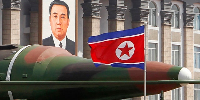 A new missile is carried during a mass military parade at the Kim Il Sung Square in Pyongyang, North Korea.