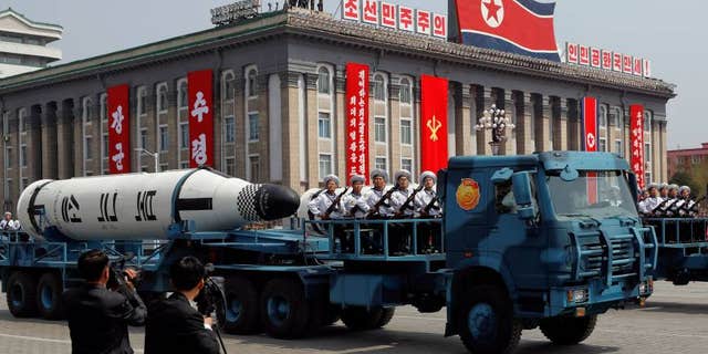 A North Korean navy truck carries the Pukkuksong submarine-launched ballistic missile (SLBM) during a military parade marking the 105th birth anniversary of country's founding father, Kim Il Sung in Pyongyang on April 15.