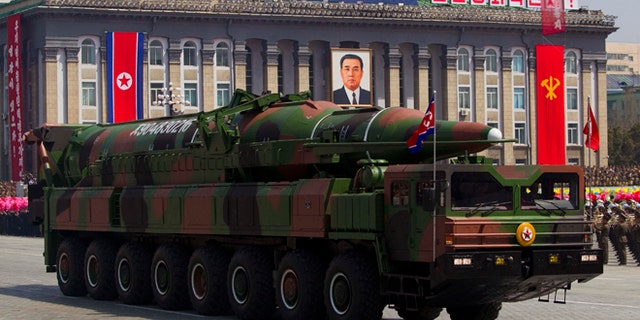 April 15, 2012: In this file photo, a North Korean vehicle carrying a missile passes by during a mass military parade in Pyongyang's Kim Il Sung Square to celebrate the centenary of the birth of the late North Korean founder Kim Il Sung.