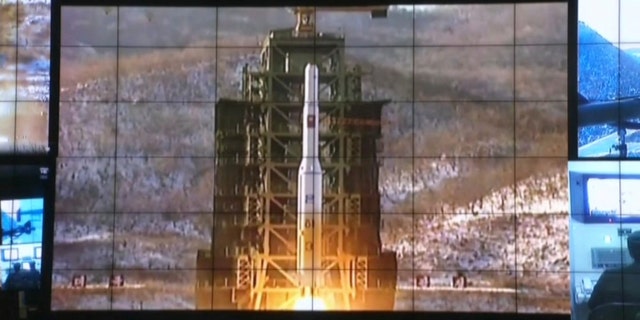 Dec. 12, 2012: This still frame made of video shows a display of the Unha-3 rocket launch at North Korea's space agency's General Launch Command Center on the outskirts of Pyongyang.