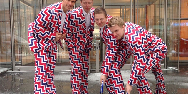 Jan. 21, 2014: In this image provided by Loudmouth Golf, members of the Norway's Men's Olympic Curling Team from left Thomas Ulsrud, Torgor Nergard, Christoffer Svae, and Havard Vad Petersson wear their new Sochi 2014 suits as they pose for a photographer in New York.
