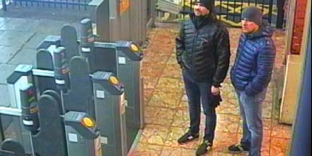 This still taken from CCTV and issued by the Metropolitan Police in London on Wednesday Sept. 5, 2018, shows Ruslan Boshirov and Alexander Petrov at Salisbury train station on March 3, 2018.