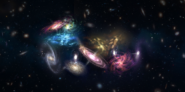 An artist's impression of the 14 galaxies detected by the Atacama Large Millimeter/submillimeter Array. They appear in the very early and distant universe, and these galaxies are in the process of merging to eventually form the core of a massive galaxy cluster.