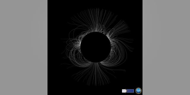 Researchers from the National Solar Observatory Integrated Synoptic Program predict the structure of the solar corona for the Aug. 21, 2017, total solar eclipse. The field lines of a solar coronal magnetic model shown in the image are based on measurements taken one solar rotation, or 27.2753 Earth days, before the total solar eclipse