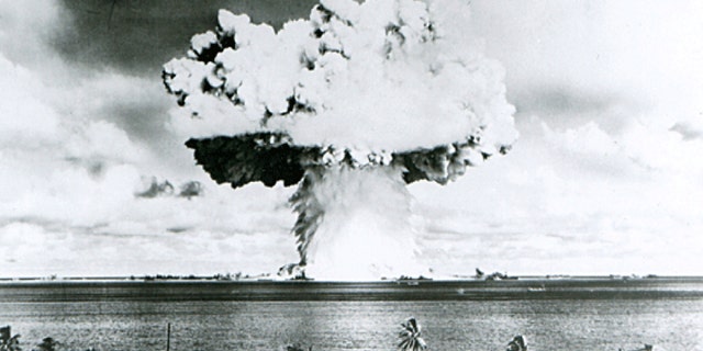 This U.S. Navy handout image shows Baker, the second of the two atomic bomb tests, in which a 63-kiloton warhead was exploded 90 feet under water as part of Operation Crossroads, conducted at Bikini Atoll in July 1946 to measure nuclear weapon effects on warships. (REUTERS/U.S. Navy/Handout via Reuters)