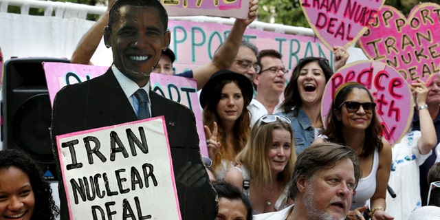 FILE: August 30, 2015: Activists rally outside the White House in Washington, D.C., in support of the Iran nuclear deal .