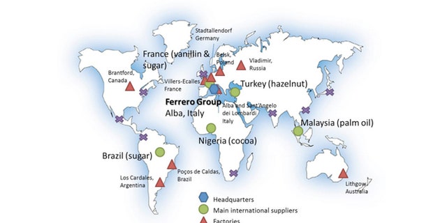 This map shows all the countries that contribute to a single jar of Nutella.
