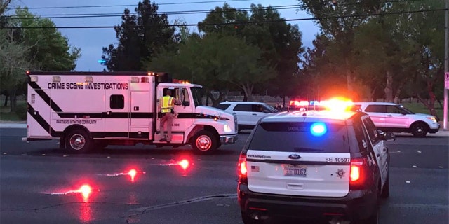 Las Vegas police investigate the scene of a shooting at a company picnic in Sunset Park, Las Vegas.