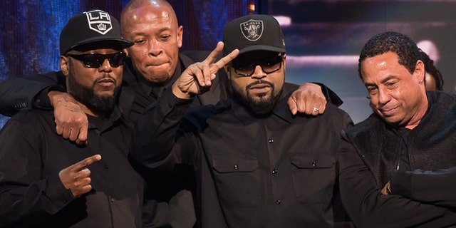 April 8. 2016. Inductees MC Ren, from left, Dr. Dre, Ice Cube and DJ Yella from N.W.A appear at the 31st Annual Rock and Roll Hall of Fame Induction Ceremony in New York.