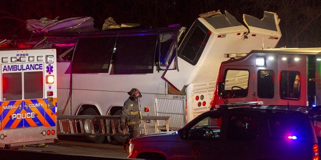April 8, 2018: Police and firefighters respond to the scene of a charter bus accident on the eastbound Southern State Parkway in Lakeview, N.Y