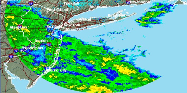 The radar image from 6 p.m. shows the current forecast over New York ahead of the impending storm.
