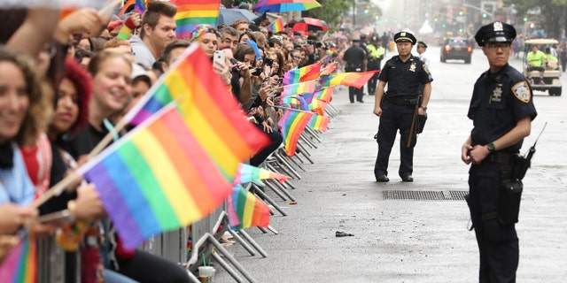 NEW YORK, NY - JUNE 28: A general view of atmosphere during the 2015 New York City Pride march.