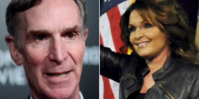 On left, Bill Nye the Science Guy; on right, former Alaska Gov. Sarah Palin