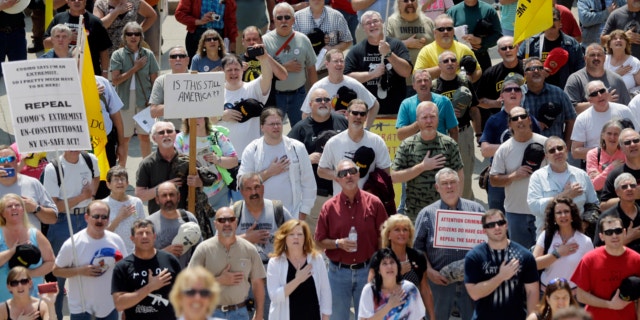 People recite the Pledge of Allegiance during a Second Amendment rally at the Capitol in Albany, New York, on May 21, 2013.