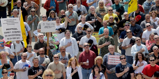 People recite the Pledge of Allegiance during a Second Amendment rally at the Capitol in Albany, New York, on May 21, 2013.