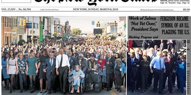 WHAT YOU DIDN'T SEE: Shown at left is the front-page image on Sunday's New York Times of the anniversary march in Selma, Ala. At right is an AP photo showing former President George W. Bush and his wife Laura, not shown in the NYT photo.