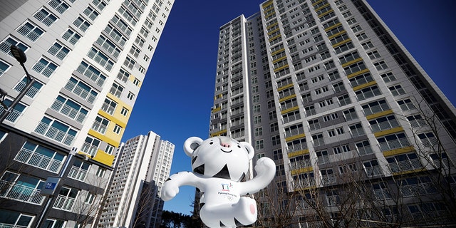 The 2018 PyeongChang Winter Olympics mascot Soohorang stands at the Gangneung Olympic Village in Gangneung, South Korea.