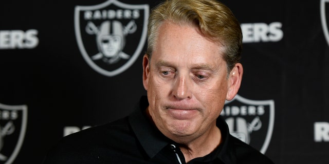 Oakland Raiders head coach Jack Del Rio reacts during a news conference after an NFL football game against the Los Angeles Chargers, Sunday, Dec. 31, 2017, in Carson, Calif.
