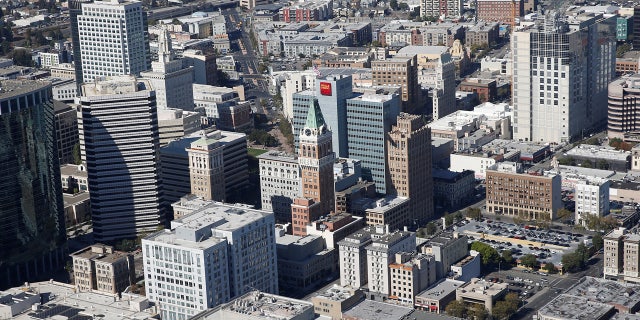 The skyline of Oakland, Calif., which is located near the Hayward Fault that runs along the eastern part of the San Francisco Bay Area.