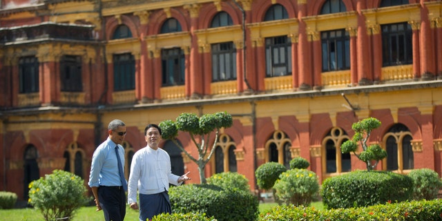 Nov. 14, 2014: U.S. President Barack Obama tours the Secretariat Building with Than Myint, Founder and President of Yangon Heritage Trust