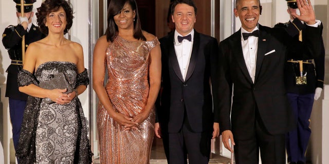President Barack Obama and First Lady Michelle Obama at their final state dinner with the Italian prime minister and his wife