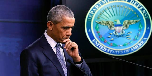 President Obama pauses during talk about the war on terrorism and efforts to degrade and destroy the Islamic State group, during a news conference at the Pentagon in Washington, D.C., on Aug. 4, 2016.