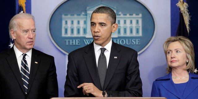 President Obama, accompanied by Vice President Biden and Secretary of State Hillary Clinton, delivers a statement in the Brady Press Briefing room in the White House in Washington, Thursday, Dec. 16, 2010, on the Afghanistan-Pakistan Annual Review. (AP)