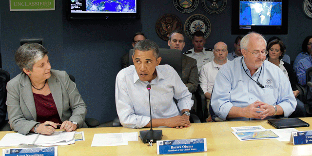President Obama receives an update on the status of Hurricane Irene at the Federal Emergency Management Agency (FEMA) headquarters in Washington, Saturday, Aug. 27, 2011.