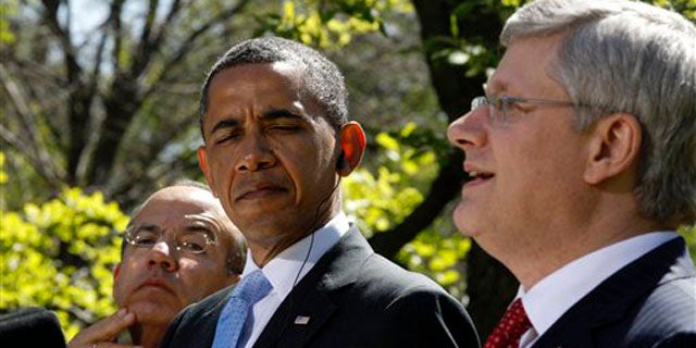 April 2, 2012: President Obama, Mexico's President Felipe Calderon, left, and Canada's Prime Minister Stephen Harper take part in a joint news conference in the Rose Garden.