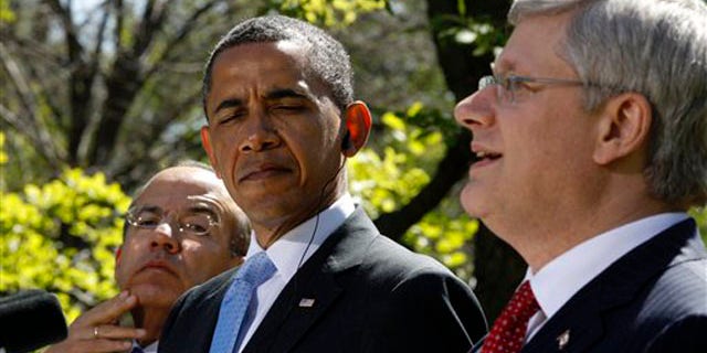 April 2, 2012: President Obama, Mexico's President Felipe Calderon, left, and Canada's Prime Minister Stephen Harper take part in a joint news conference in the Rose Garden.