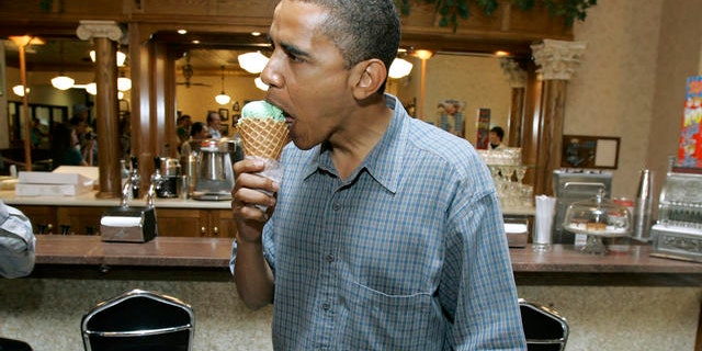 FILE: In this Aug. 6, 2007, photo, Democratic presidential hopeful Barack Obama eats an ice cream cone during a stop at the Ice Cream Capital of the World Visitors Center in Le Mars, Iowa.