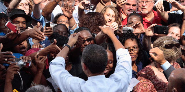 President Barack Obama greets supporters after speaking near the Brent Spence Bridge in Cincinnati, Thursday, Sept. 22, 2011.