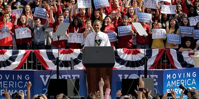 President Obama addresses supporters during a rally at the University of Southern California in Los Angeles Oct. 22. (AP Photo)