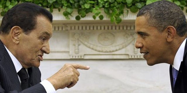 In this Sept. 1, 2010, file photo, President Obama meets with Egyptian President Hosni Mubarak, in the Oval Office of the White House in Washington.