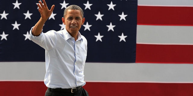 President Obama arrives for a campaign event in Rochester, New Hampshire, on Aug. 18, 2012.