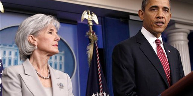 Feb. 10, 2012: President Obama, accompanied by Health and Human Services Secretary Kathleen Sebelius, speaks at the White House.