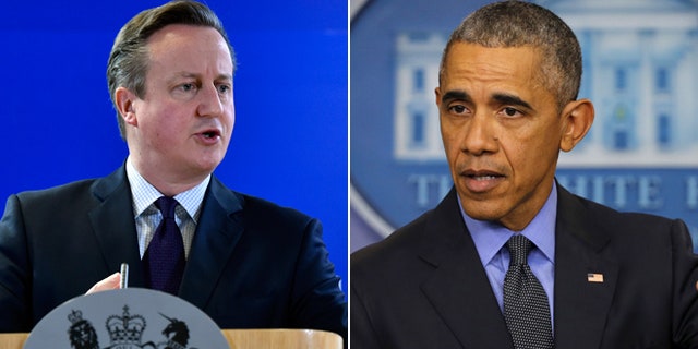 On left, UK Prime Minister David Cameron; on right, President Obama