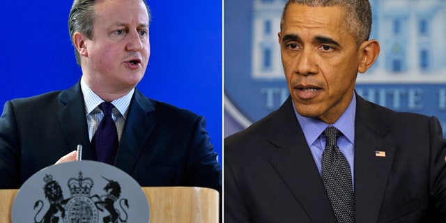 On left, UK Prime Minister David Cameron; on right, President Obama