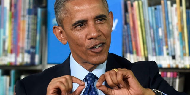 Apr. 20, 2015: President Barack Obama speaks at Anacostia Library in Washington as he participates in a live "virtual field trip" with middle school students to announce two initiatives to improve education through digital connectivity. (AP)