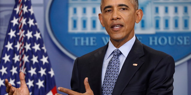FILE - In this Jan. 18, 2017 file photo, President Barack Obama speaks during his final presidential news conference in the briefing room of the White House in Washington.