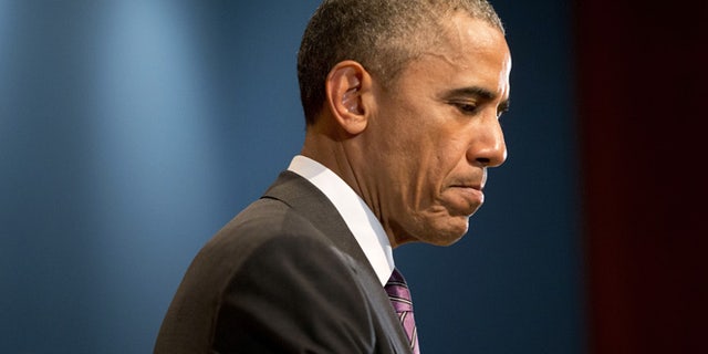 Apr. 24, 2015: President Obama pauses while speaking at the Office of the Director of National Intelligences (ODNI) 10th anniversary at ODNI headquarters in McLean, Va. (AP)